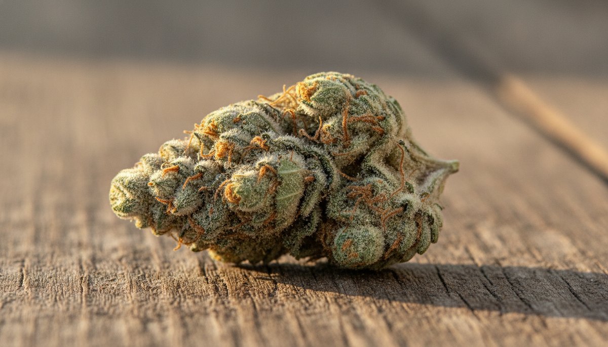 White Widow strain vs OG Kush strain — Which Is Right for You? 4 White Widow cannabis bud close-up showing dense white trichome coverage and orange pistils on aged wood