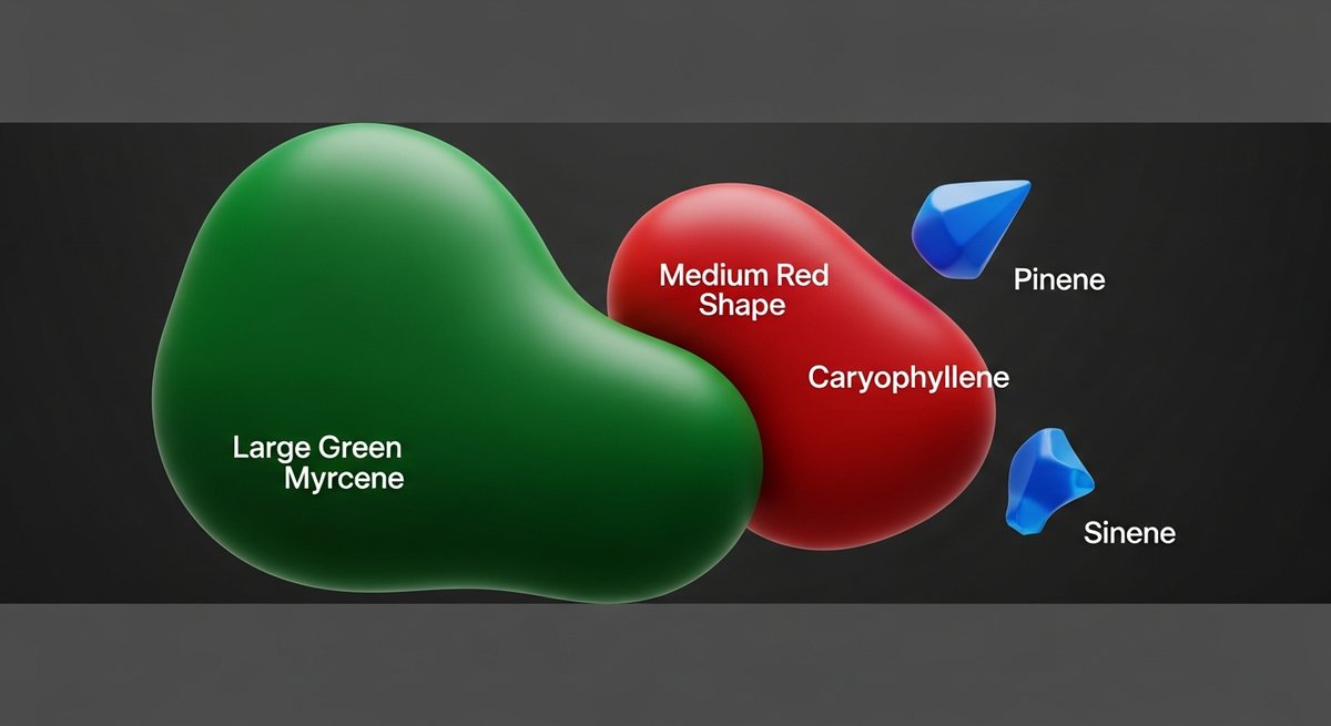 White Widow Strain 2 Terpene profile graphic for White Widow showing Myrcene green, Caryophyllene red, and Pinene blue