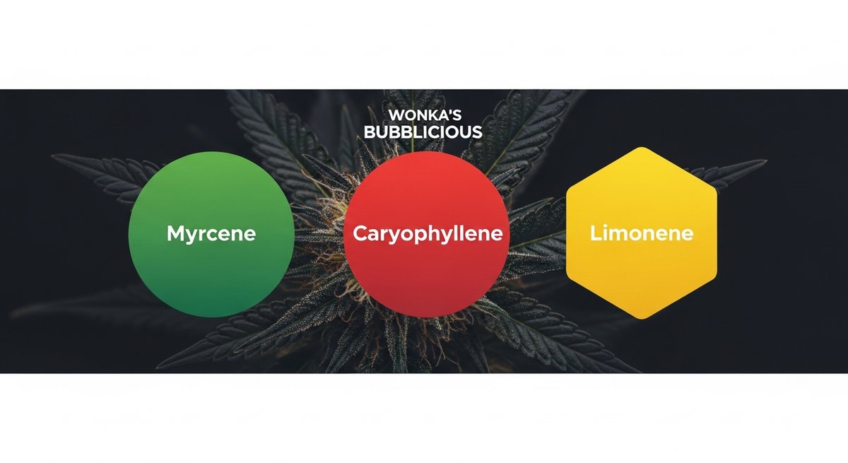 Wonka’s Bubblicious Strain 2 Terpene profile graphic for Wonka's Bubblicious showing Myrcene green, Caryophyllene red, and Limonene yellow
