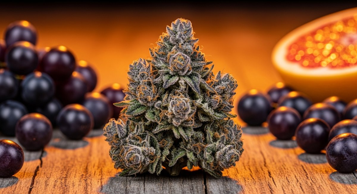 Zkittlez vs Tropicana Cookies — Which Is Right for You? 4 Macro close-up of a frosty Zkittlez cannabis bud with deep purple hues beside grape clusters and grapefruit on wood