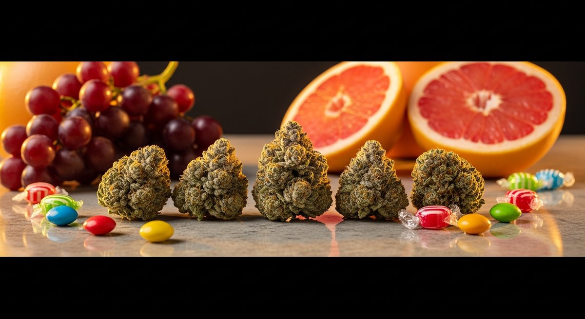 Runtz vs Zkittlez — Which Is Right for You? 5 Zkittlez buds on stone surface surrounded by fresh grapes, grapefruit, and colorful candies reflecting its fruity aroma