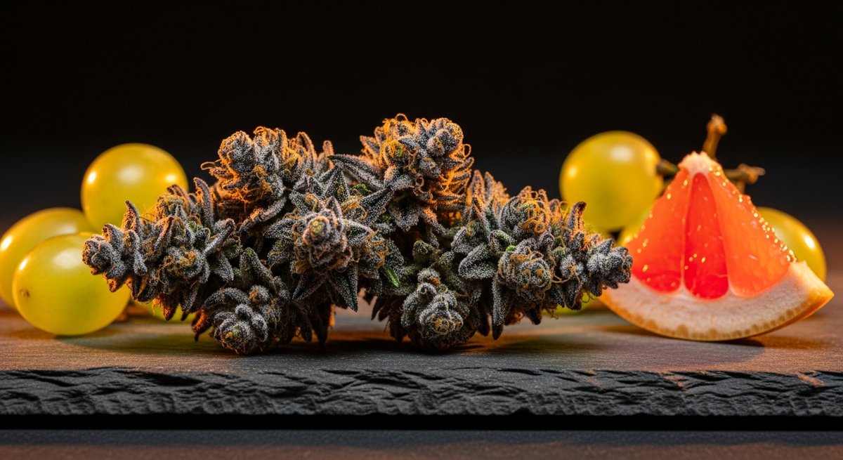 Runtz strain vs Zkittlez strain — Which Is Right for You? 5 Zkittlez cannabis bud with grape-purple and lime-green tones arranged alongside fresh grapes and grapefruit slices