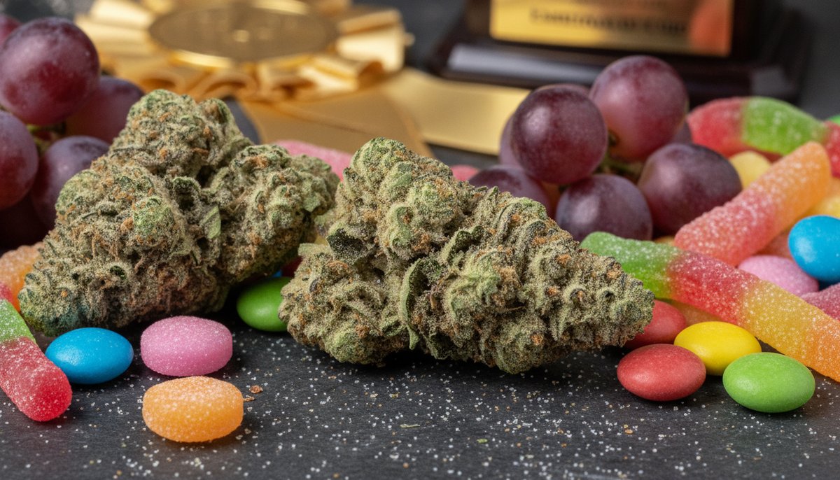 Watermelon Zkittlez strain vs Zkittlez strain — Which Is Right for You? 5 Zkittlez cannabis buds with colorful candy and grape clusters on dark stone, referencing its award-winning indica-hybrid line