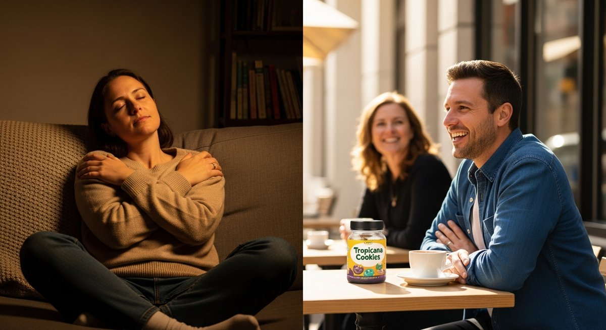 Zkittlez vs Tropicana Cookies — Which Is Right for You? 6 Split lifestyle photo contrasting Zkittlez body-relaxing evening mood on the left with Tropicana Cookies social daytime energ