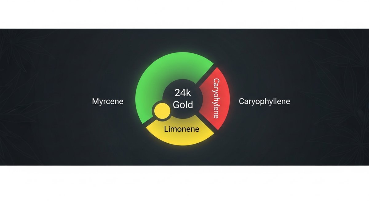 24k Gold Strain 2 Terpene profile graphic for 24k Gold showing Myrcene in green, Caryophyllene in red, and Limonene in yellow