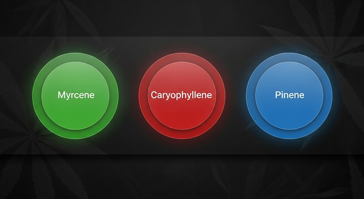 Ak 47 Strain 2 AK-47 terpene profile graphic showing Myrcene green, Caryophyllene red, and Pinene blue