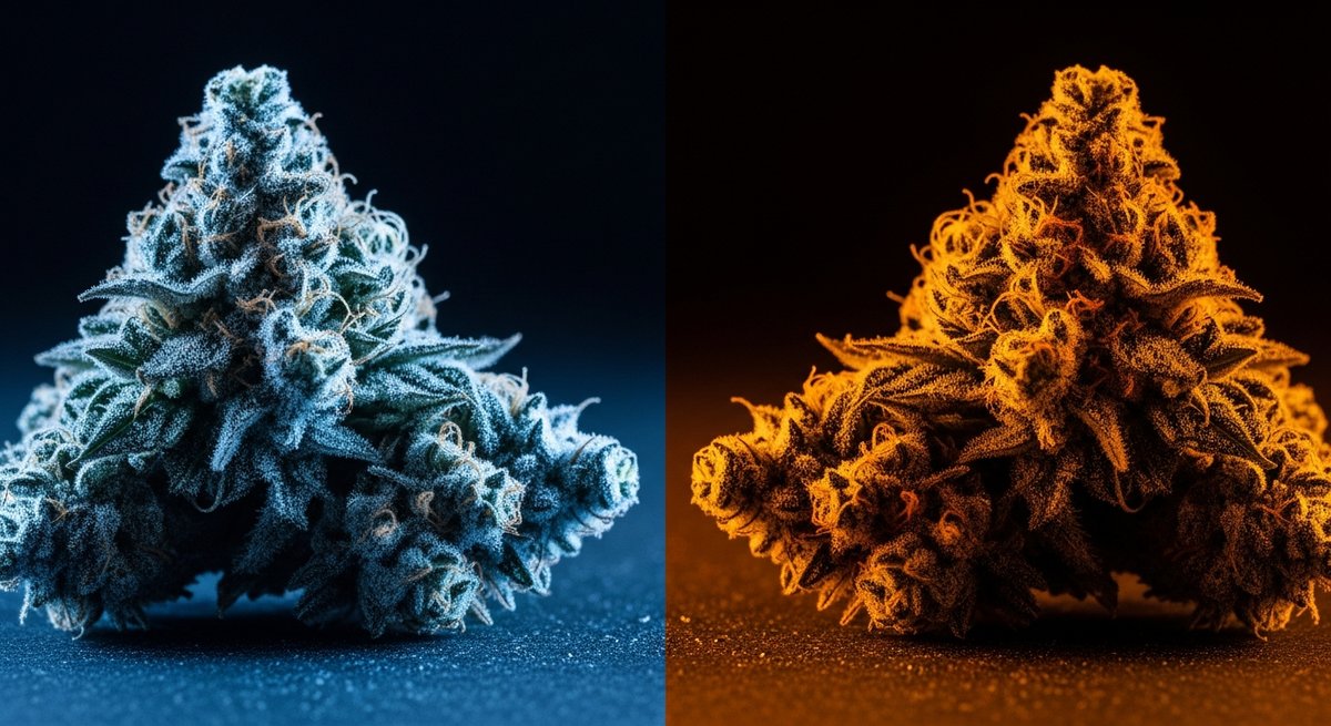 Alien OG strain vs OG Kush strain — Which Is Right for You? 6 Dual-lit editorial cannabis bud display contrasting cool cerebral light versus warm relaxing amber tones for effects comparis