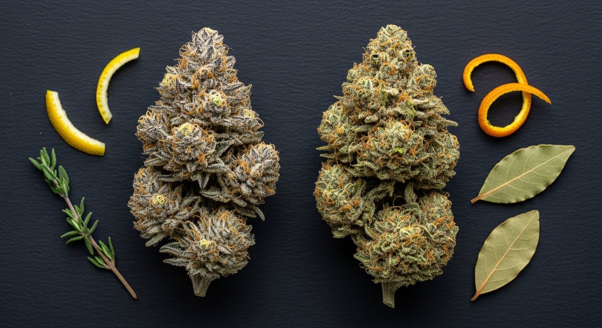 Alien OG strain vs OG Kush strain — Which Is Right for You? 5 Overhead flat-lay of Alien OG and OG Kush buds side by side with citrus and botanical accents highlighting terpene difference