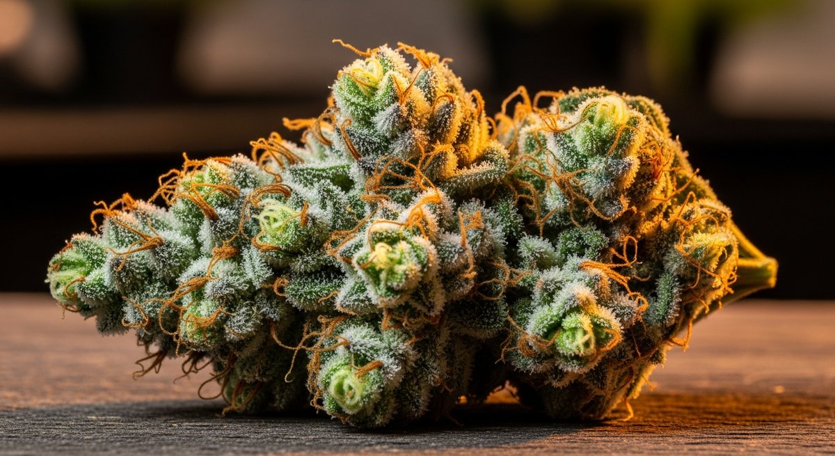 Alien OG strain vs OG Kush strain — Which Is Right for You? 4 Macro close-up of a frosty Alien OG cannabis bud with heavy trichome coverage and lime-green coloring on dark wood.