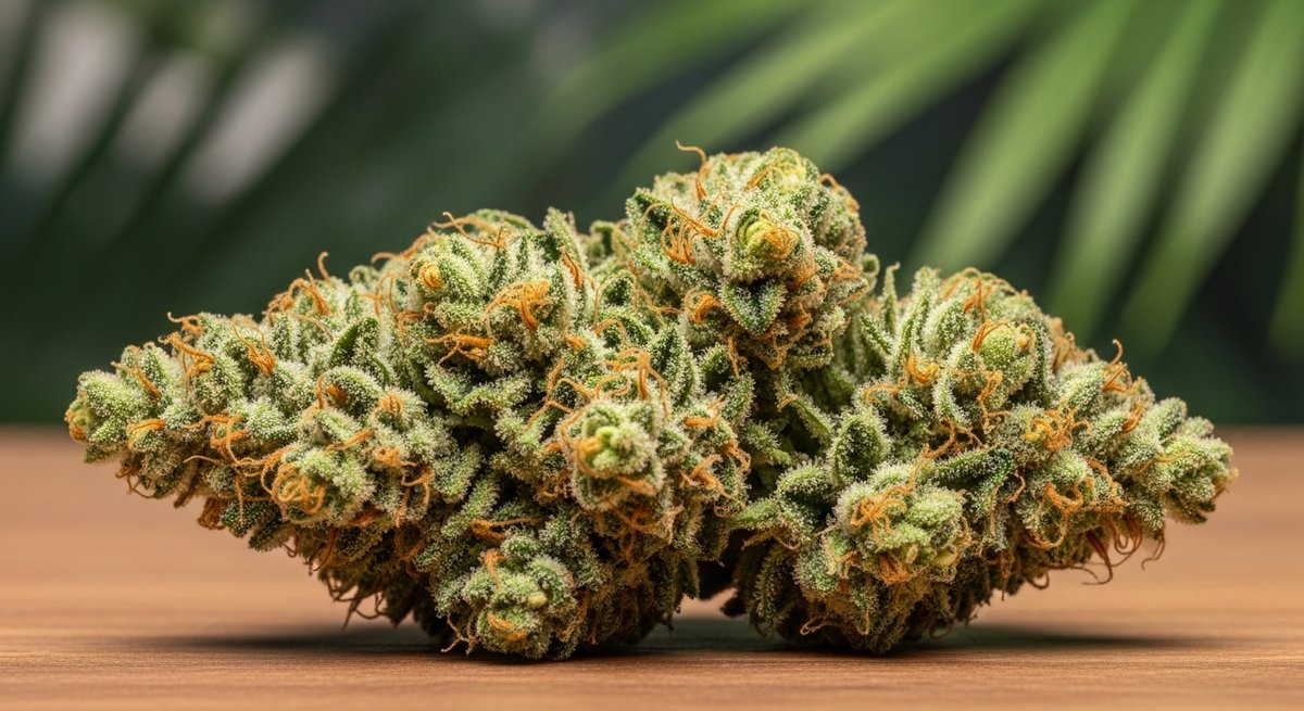 Amnesia Haze strain vs Blue Dream strain — Which Is Right for You? 4 Close-up macro photo of a frosty Amnesia Haze cannabis bud with amber pistils on a natural wood surface