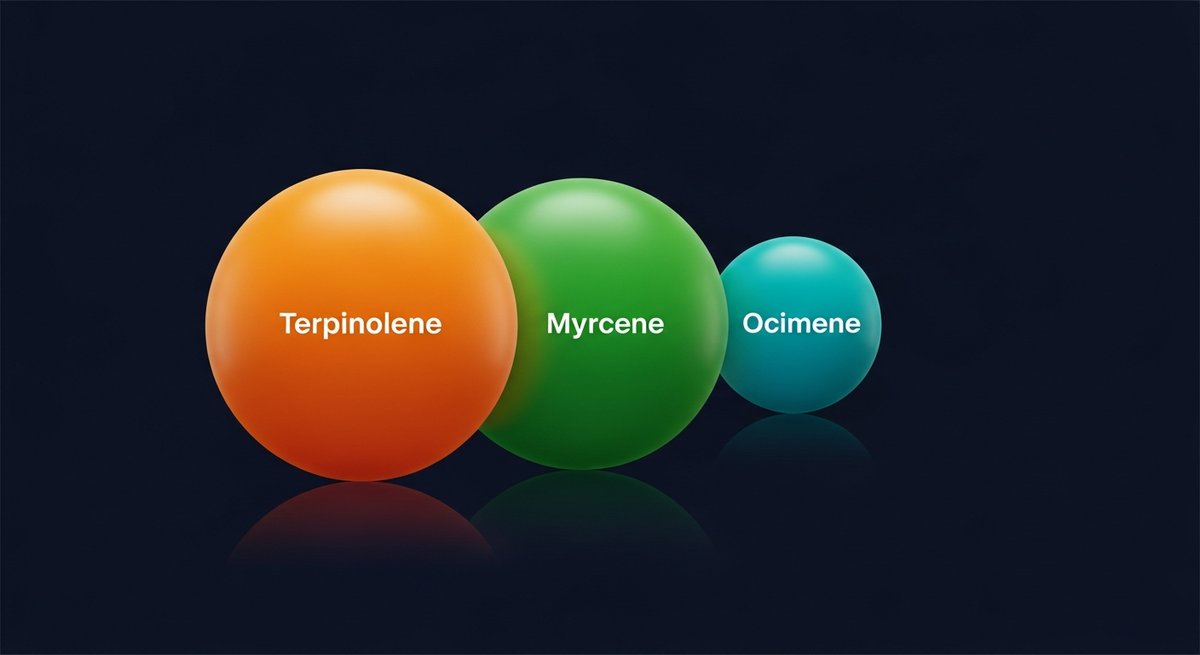 Amnesia Haze Strain 2 Terpene profile graphic for Amnesia Haze showing Terpinolene in orange, Myrcene in green, and Ocimene in teal
