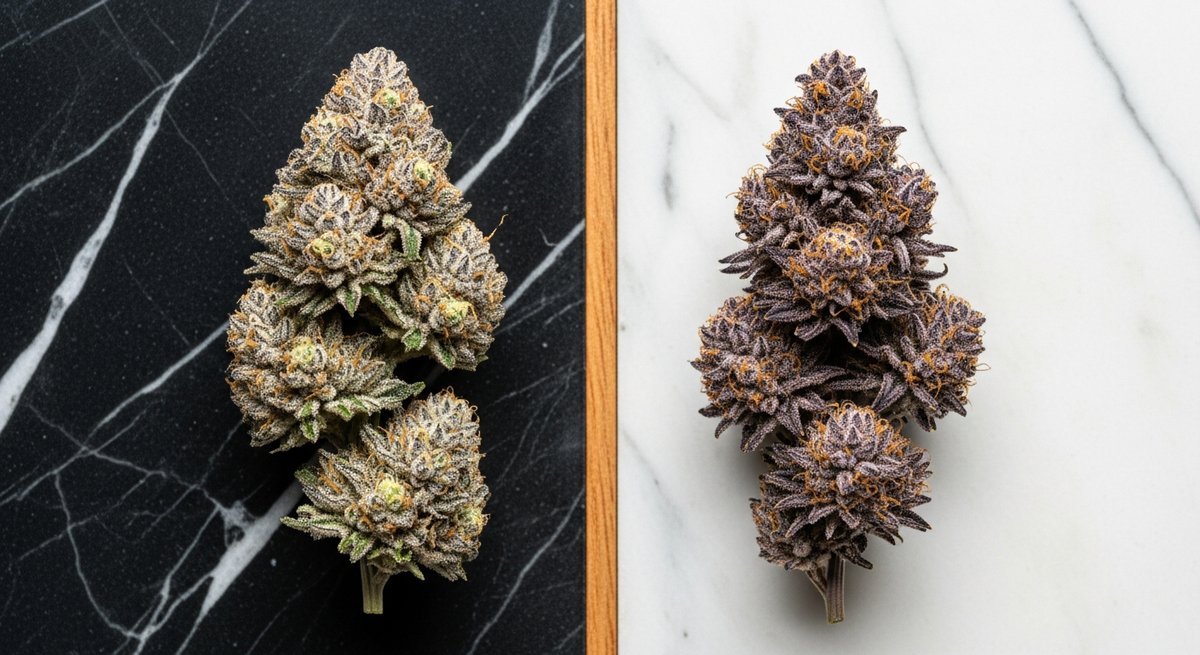 Animal Cookies strain vs Do-Si-Dos strain — Which Is Right for You? 5 Overhead flat-lay of Animal Cookies and Do-Si-Dos buds side by side showing color and resin differences