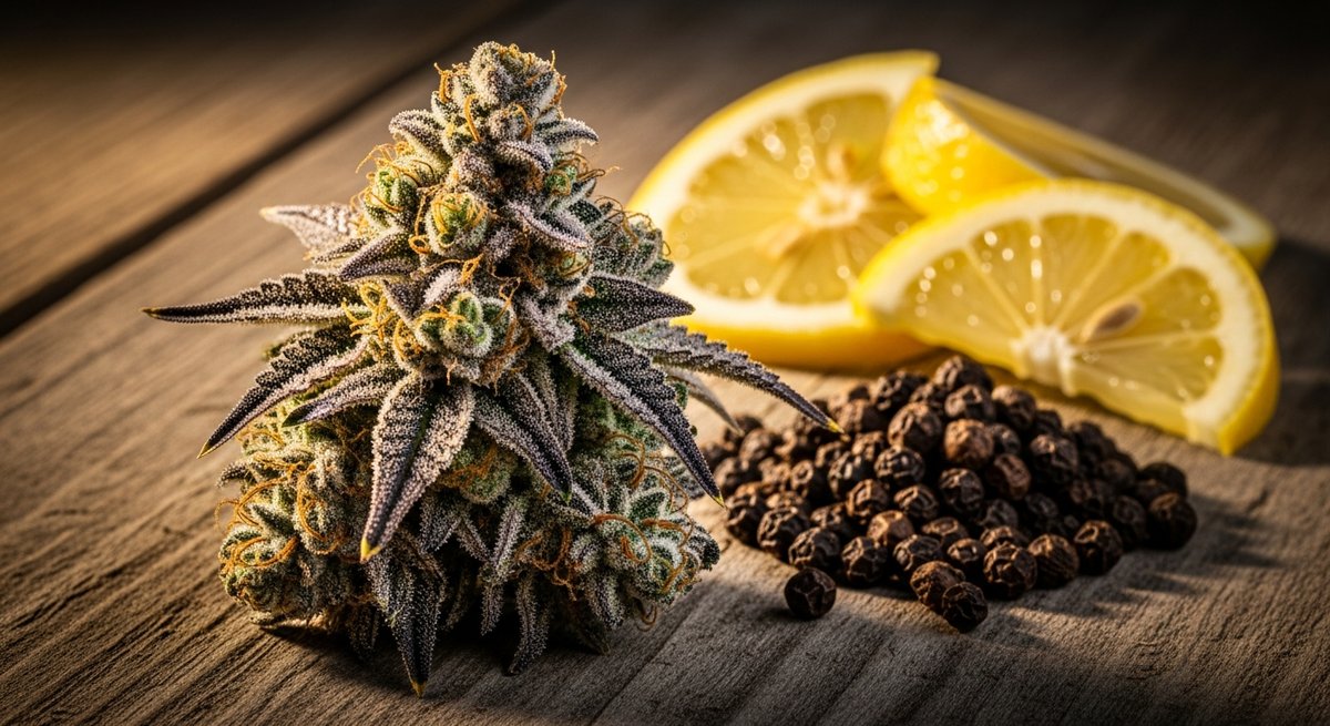 Animal Cookies strain vs Do-Si-Dos strain — Which Is Right for You? 4 Animal Cookies cannabis bud with peppercorns and lemon slice representing its terpene profile