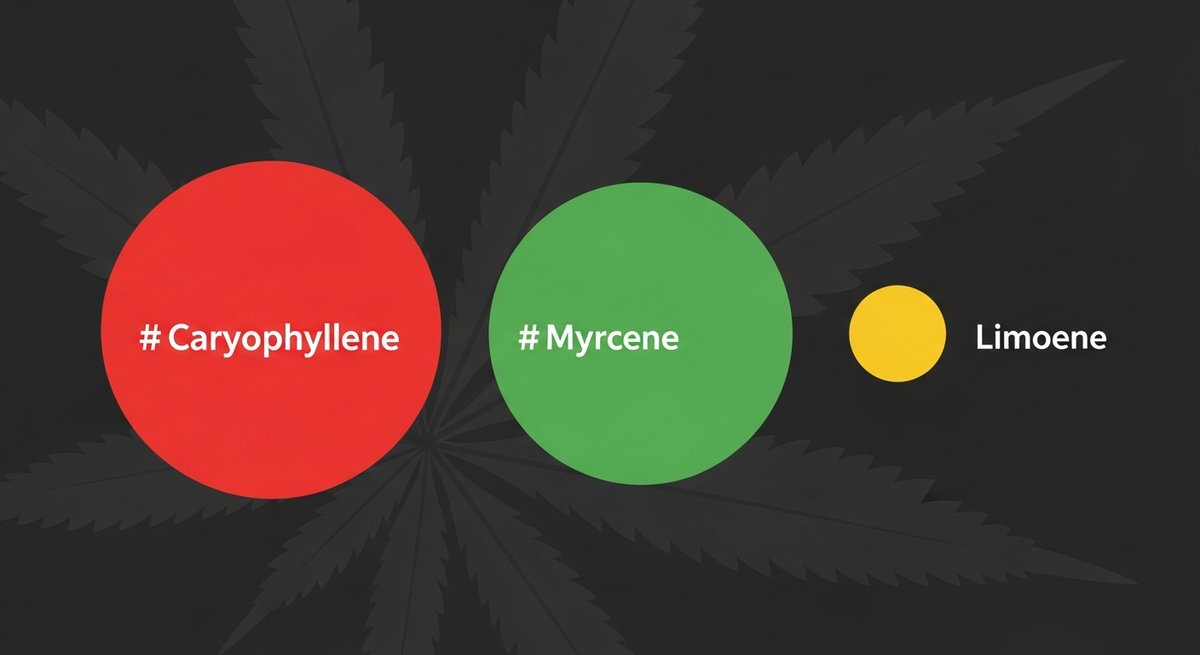 Animal Cookies Strain 2 Terpene profile graphic for Animal Cookies showing Caryophyllene in red, Myrcene in green, and Limonene in yellow