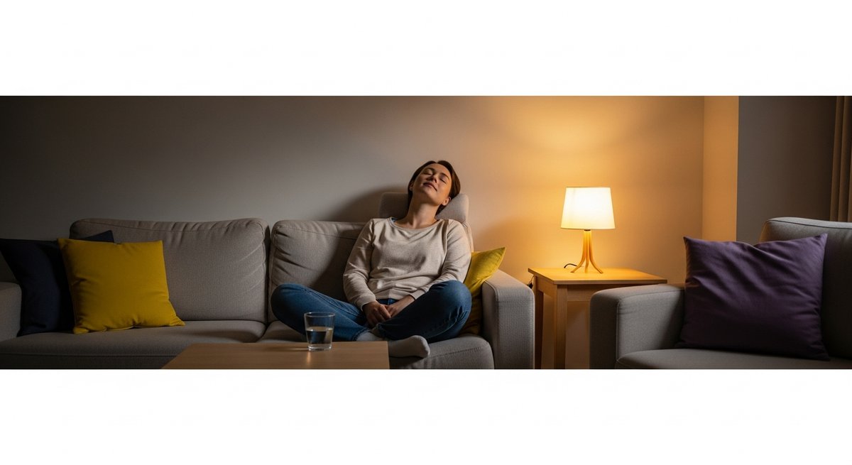 Lemon Cherry Gelato strain vs Gelato strain — Which Is Right for You? 5 Relaxed adult on a couch in warm evening lighting, contrasting yellow and lavender pillows evoking two strain anxiety-relief