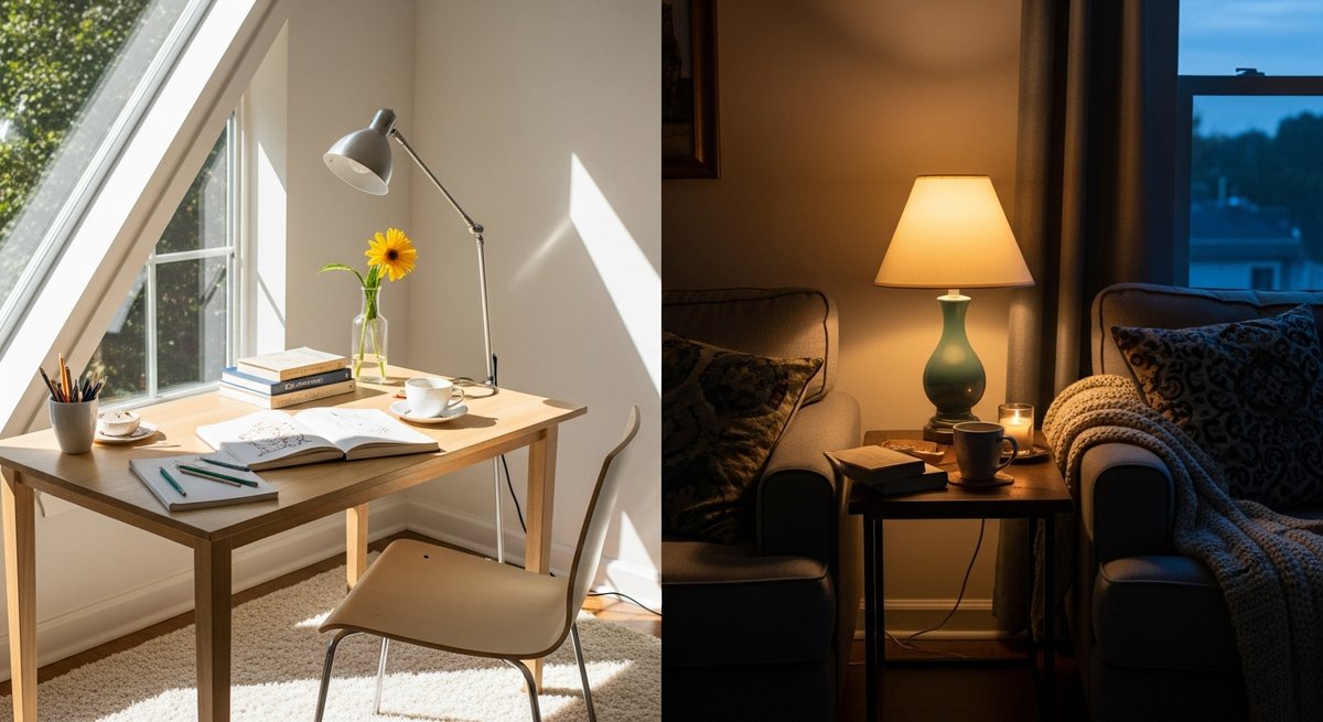 Apple Fritter strain vs Georgia Pie strain — Which Is Right for You? 6 Split scene comparing a bright creative daytime workspace and a cozy dimly lit evening living room corner