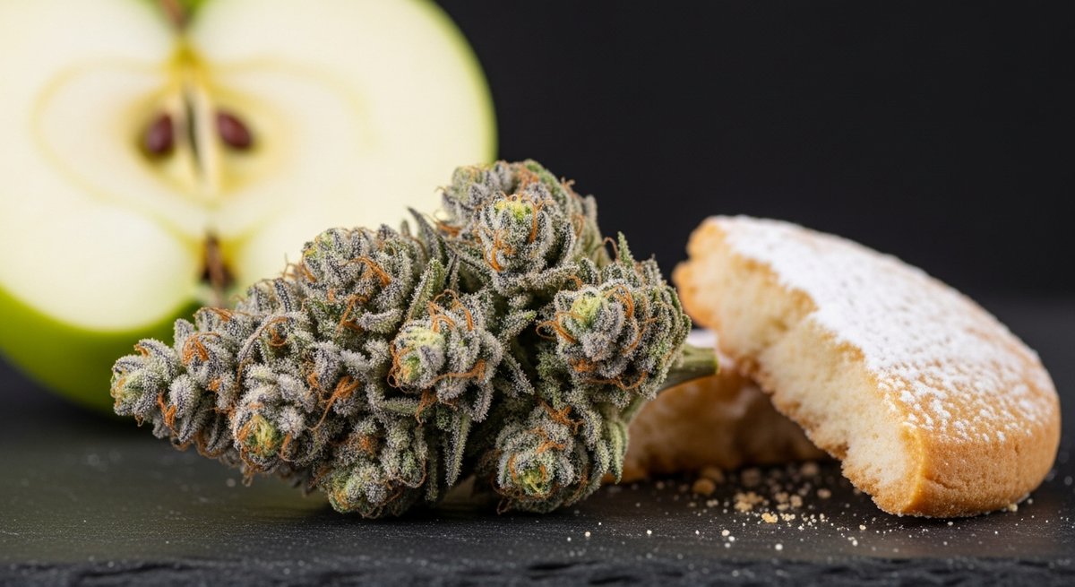 Apple Fritter strain vs Georgia Pie strain — Which Is Right for You? 4 Apple Fritter cannabis bud with trichome detail beside a halved green apple and sugar cookie on slate