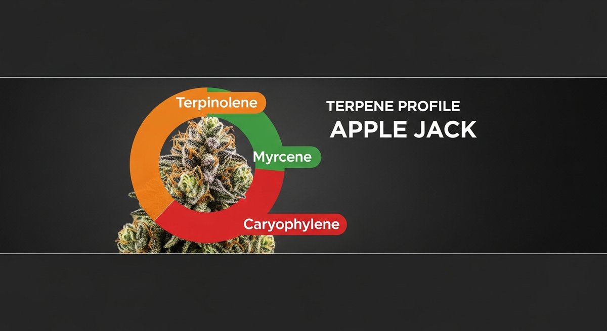 Apple Jack Strain 1 Apple Jack terpene profile graphic showing Terpinolene in orange, Myrcene in green, and Caryophyllene in red