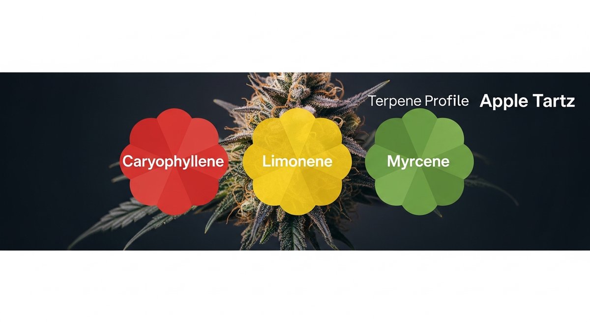 Apple Tartz Strain 2 Apple Tartz terpene profile graphic showing Caryophyllene in red, Limonene in yellow, and Myrcene in green.