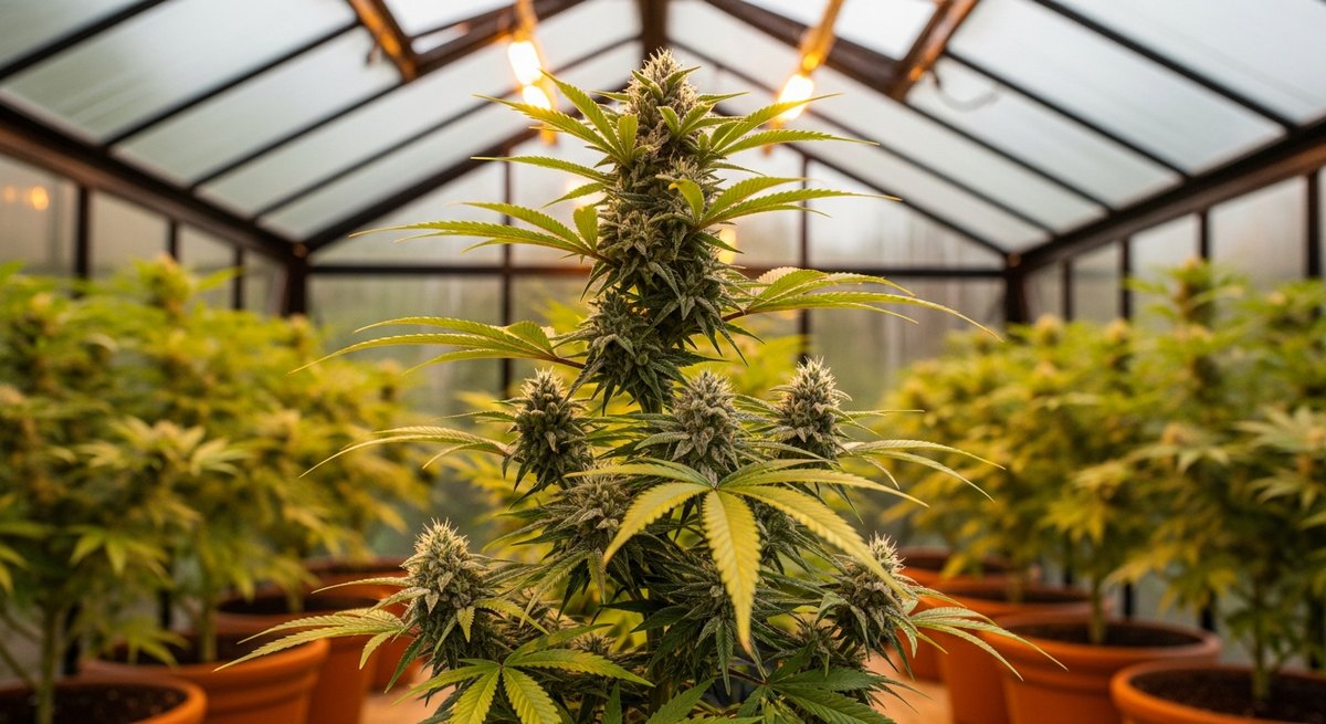 Arjan’s Haze strain vs Amnesia Haze strain — Which Is Right for You? 4 Tall resin-heavy sativa cannabis plant with elongated bud sites growing inside a warmly lit Amsterdam greenhouse