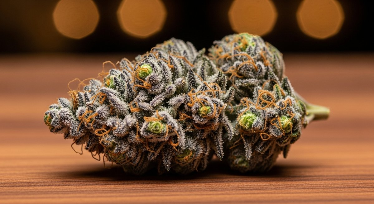 Bacio Gelato strain vs Super Runtz strain — Which Is Right for You? 52 Dense Bacio Gelato cannabis bud with purple hues and frosty trichomes on dark walnut surface