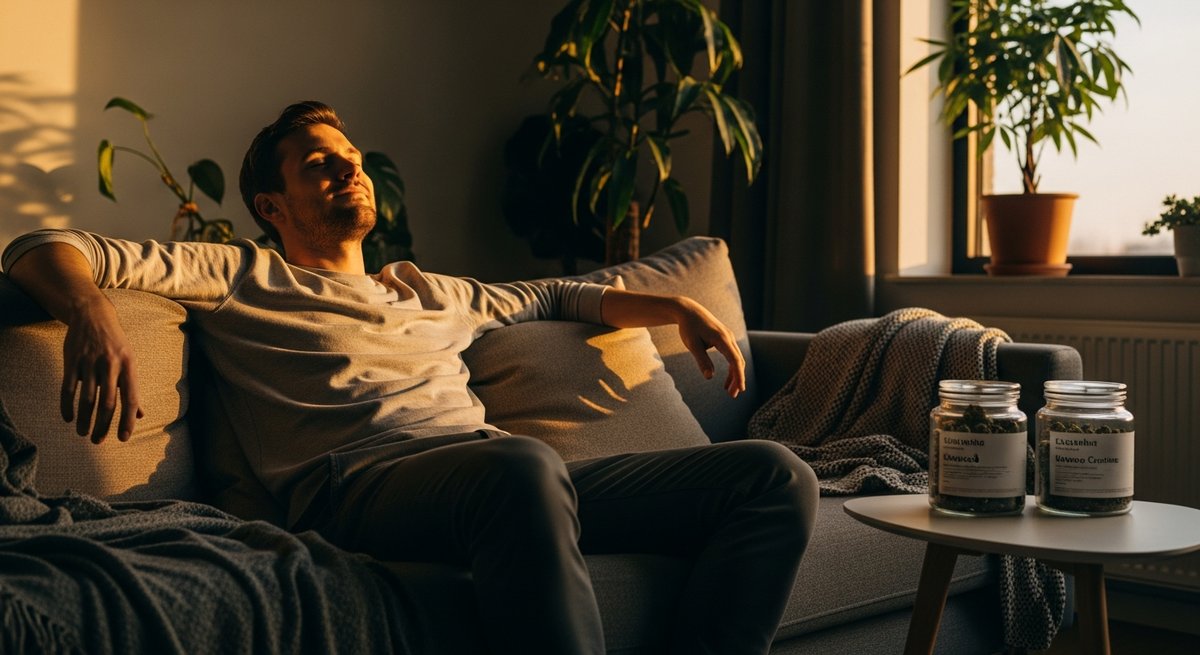 Bacio Gelato strain vs Super Runtz strain — Which Is Right for You? 54 Relaxed adult man experiencing calm euphoria on a couch beside two cannabis jars in warm living room