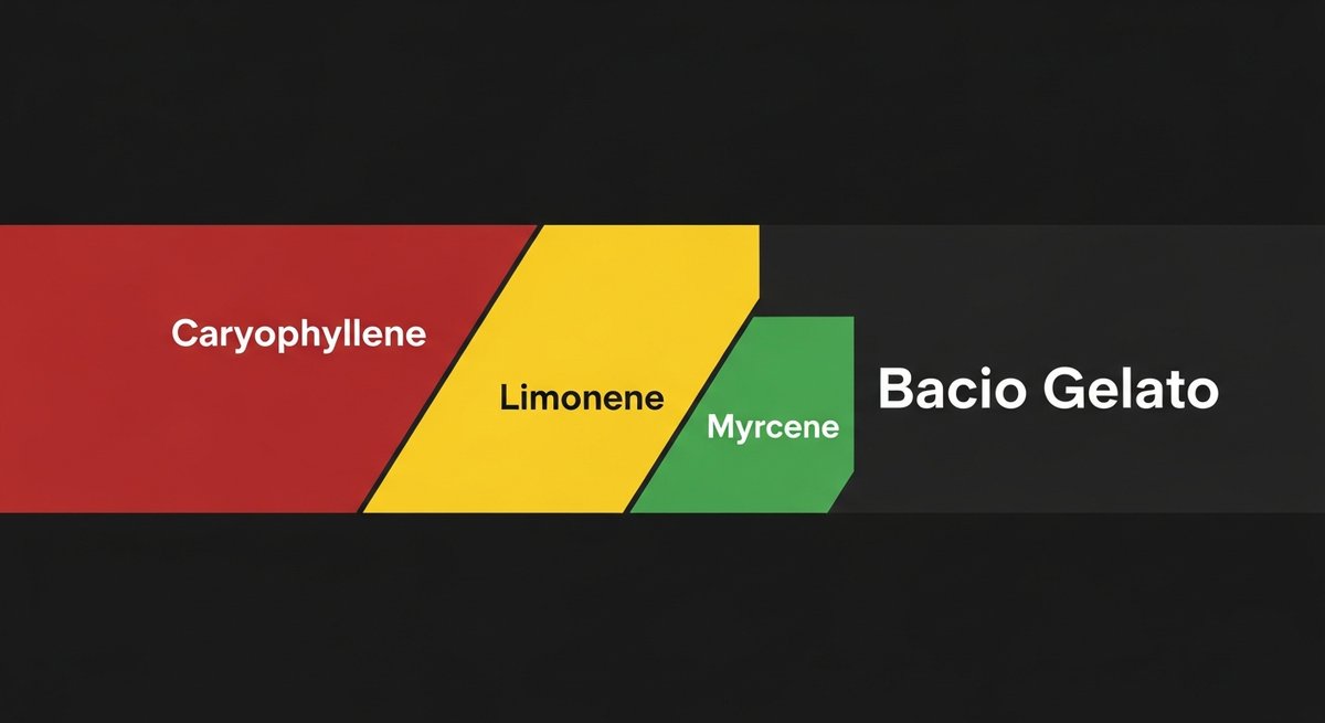 Bacio Gelato Strain 2 Terpene profile graphic for Bacio Gelato showing Caryophyllene in red, Limonene in yellow, and Myrcene in green