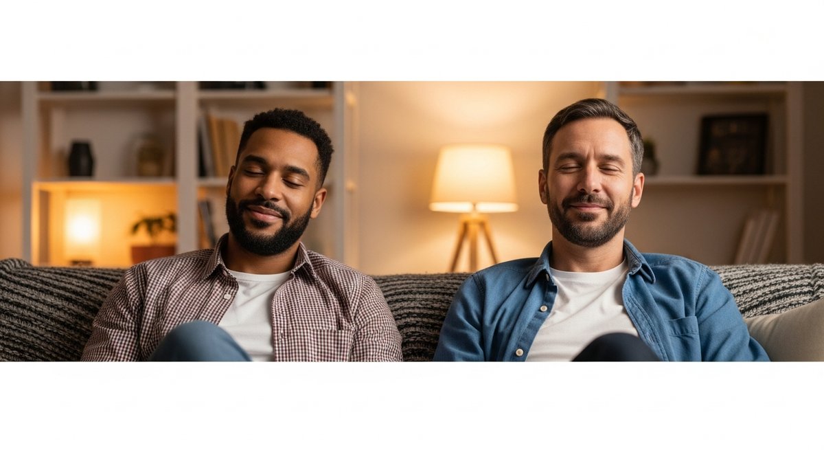 Banana Kush strain vs OG Kush strain — Which Is Right for You? 58 Two relaxed adults on a couch in warm ambient lighting evoking the calming body and mood effects of cannabis strains