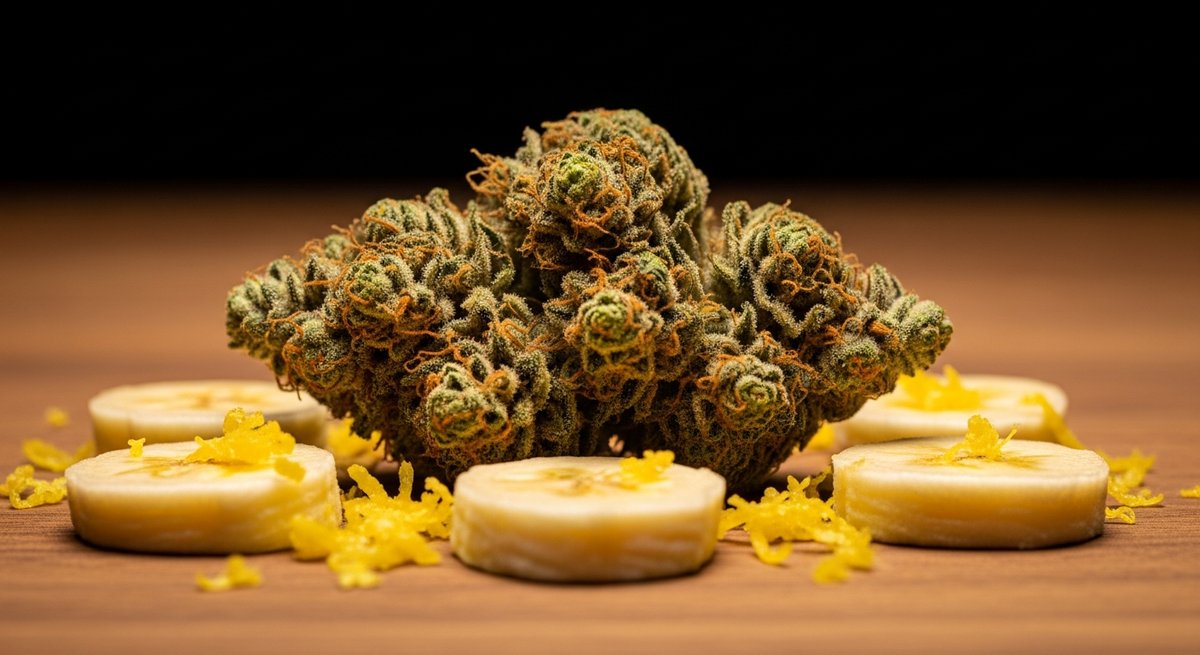 Banana Kush strain vs OG Kush strain — Which Is Right for You? 56 Banana Kush cannabis bud on wood surface with banana slices and lemon zest highlighting its fruity terpene aroma