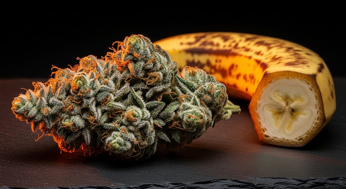 Banana OG strain vs Banana Kush strain — Which Is Right for You? 4 Macro shot of a dense, trichome-covered Banana OG cannabis bud with orange pistils on dark slate