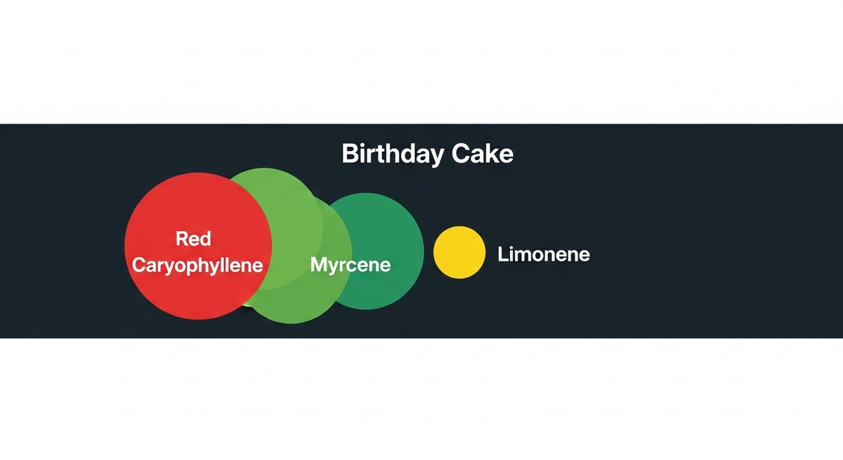Birthday Cake Strain 2 Birthday Cake terpene profile graphic showing Caryophyllene in red, Myrcene in green, and Limonene in yellow
