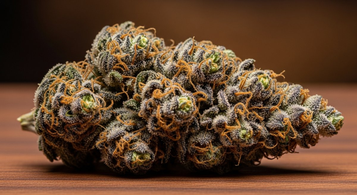 Biscotti strain vs Wedding Cake strain — Which Is Right for You? 4 Macro close-up of a dense Biscotti cannabis bud with purple-green hues, amber trichomes, and orange pistils on dark wood