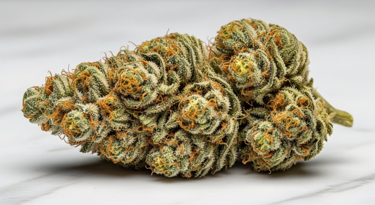 Permanent Marker strain vs Biscotti strain — Which Is Right for You? 5 Macro close-up of a frosted Biscotti cannabis bud with olive-green tones and amber pistils on marble