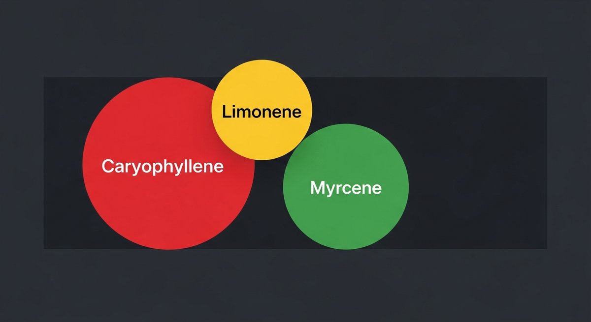 biscotti Strain 2 Terpene profile graphic for Biscotti strain showing Caryophyllene in red, Limonene in yellow, and Myrcene in green