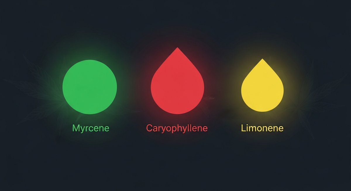 Black Cherry Gelato Strain 2 Terpene profile graphic for Black Cherry Gelato showing Myrcene in green, Caryophyllene in red, and Limonene in yellow