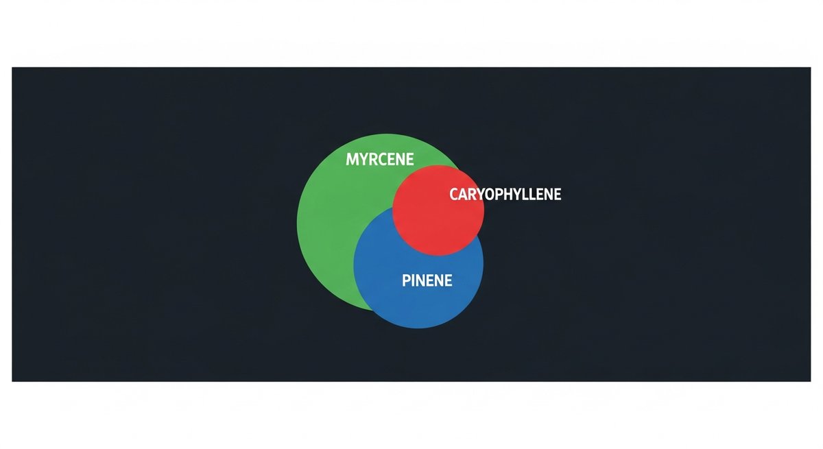 Black Domina Strain 2 Terpene profile graphic for Black Domina showing Myrcene in green, Caryophyllene in red, and Pinene in blue