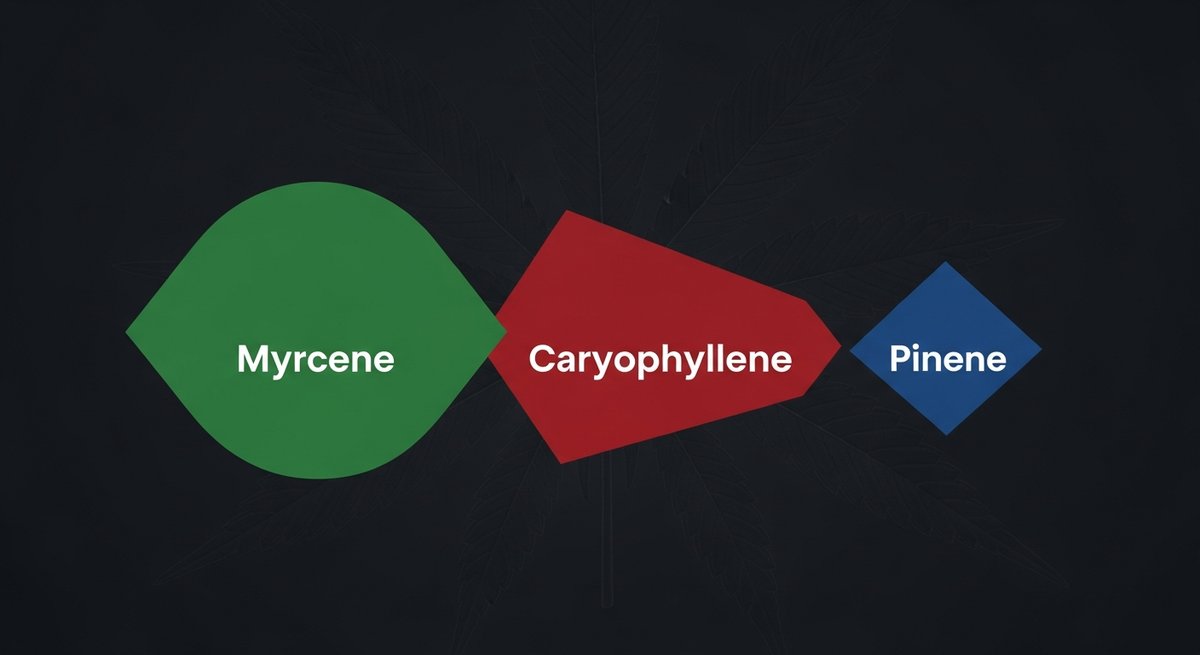 Black Domina Strain 2 Terpene profile graphic for Black Domina showing Myrcene in green, Caryophyllene in red, and Pinene in blue