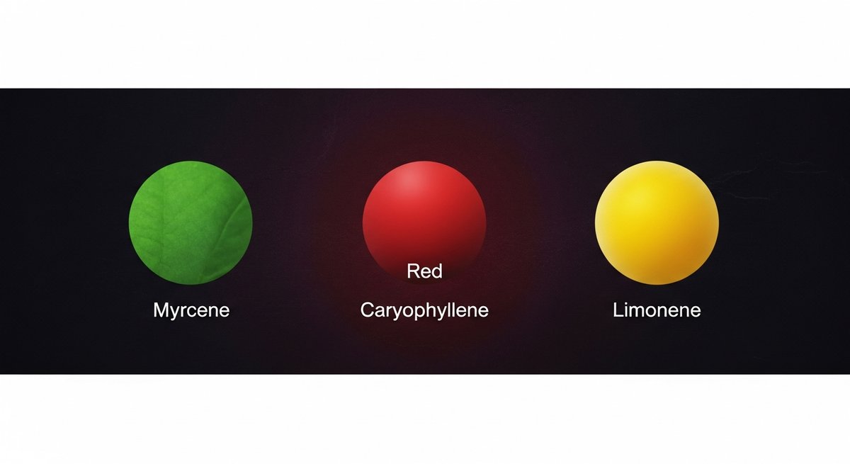 Black Wedding Strain 2 Terpene profile graphic for Black Wedding strain showing Myrcene in green, Caryophyllene in red, and Limonene in yellow