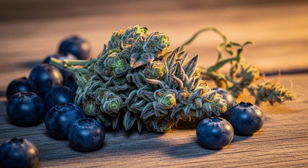 Blue Dream strain vs White Widow strain — Which Is Right for You? 4 Blue Dream cannabis bud on wood surface surrounded by blueberries and haze plant sprigs, highlighting its indica-sativa herit