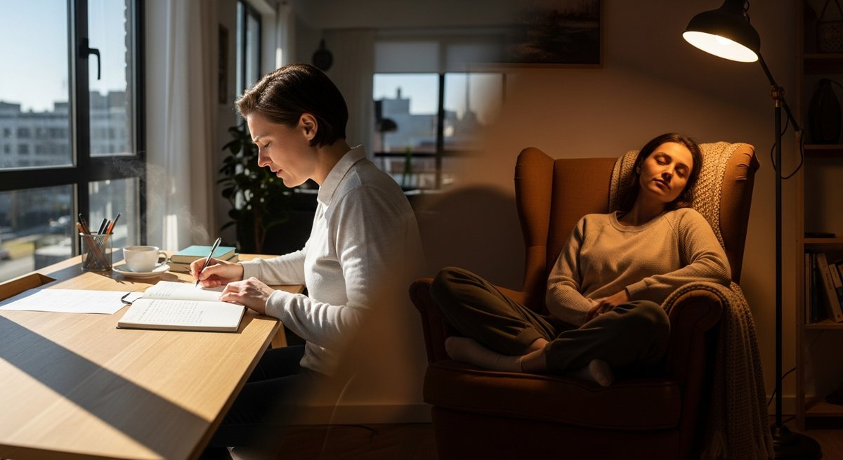 Blue Dream strain vs White Widow strain — Which Is Right for You? 6 Split lifestyle scene showing a focused adult at a sunlit desk and the same adult relaxed in warm lamplight, illustrating con