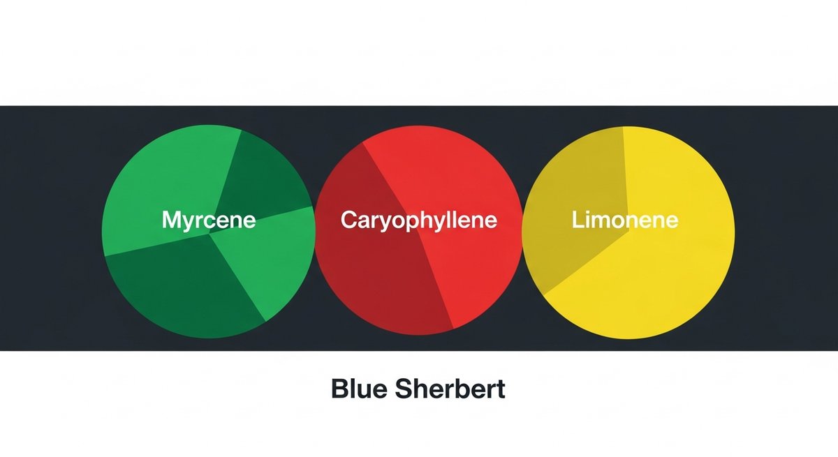 Blue Sherbert Strain 2 Terpene profile graphic for Blue Sherbert showing Myrcene in green, Caryophyllene in red, and Limonene in yellow