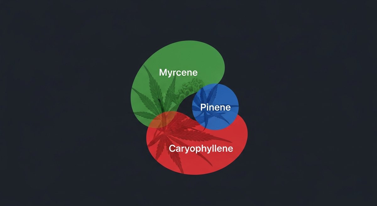 Blueberry Strain 2 Terpene profile graphic for Blueberry strain showing Myrcene in green, Caryophyllene in red, and Pinene in blue