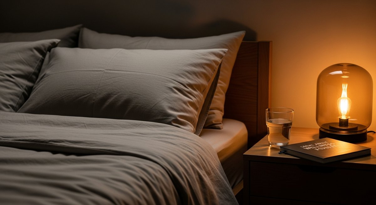 Master Kush strain vs Bubba Kush strain — Which Is Right for You? 6 Cozy dimly lit bedroom with warm amber lamp and linen bedding evoking a calm adult sleep routine
