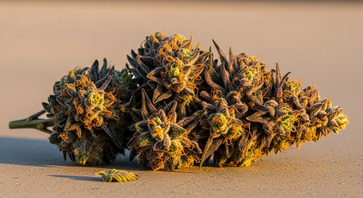 Master Kush strain vs Bubba Kush strain — Which Is Right for You? 5 Dense Bubba Kush cannabis bud with purple undertones and thick resin coverage on a concrete surface