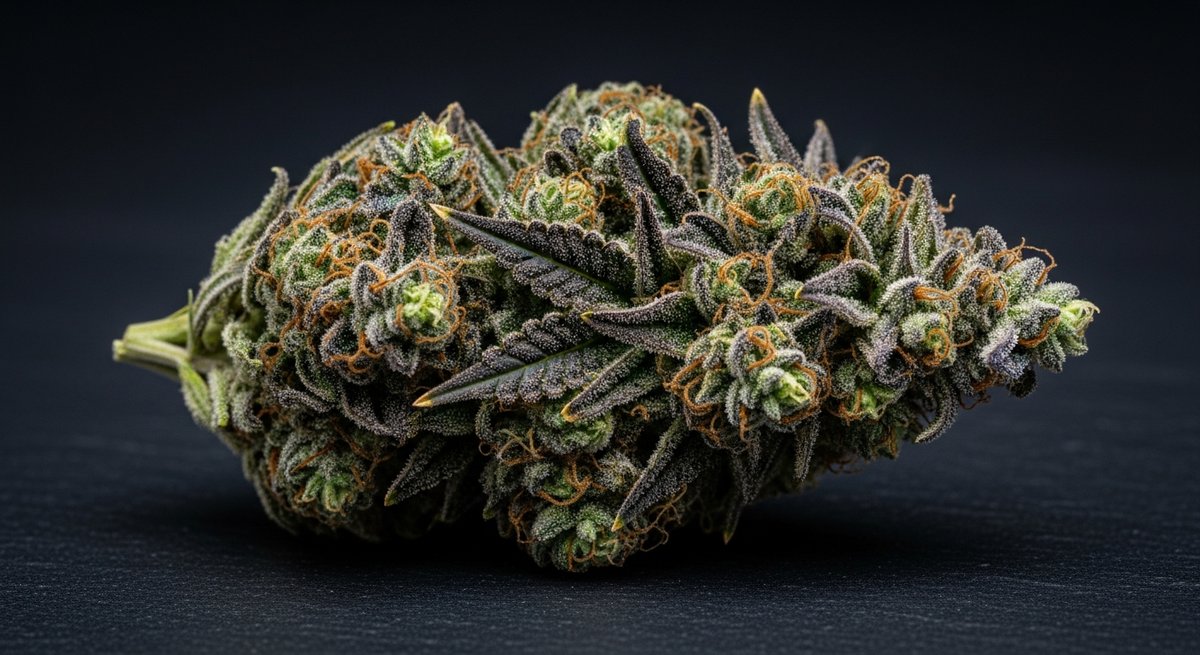 OG Kush strain vs Bubba Kush strain — Which Is Right for You? 5 Dense Bubba Kush bud with purple-green hues and heavy trichome coverage on dark stone surface