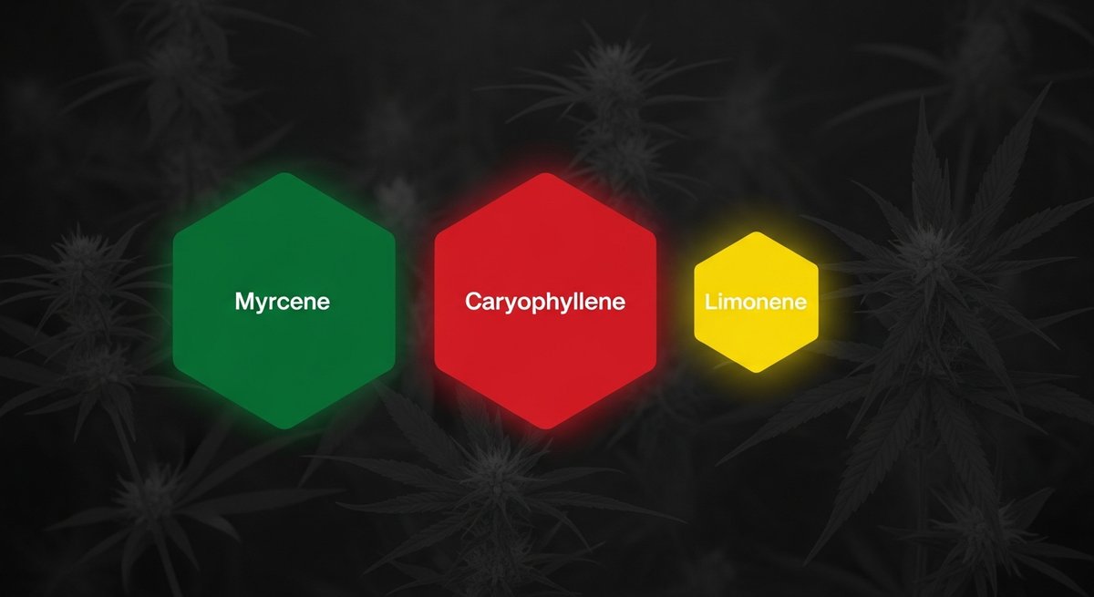 Bubba Kush Strain 2 Bubba Kush terpene profile showing Myrcene in green, Caryophyllene in red and Limonene in yellow