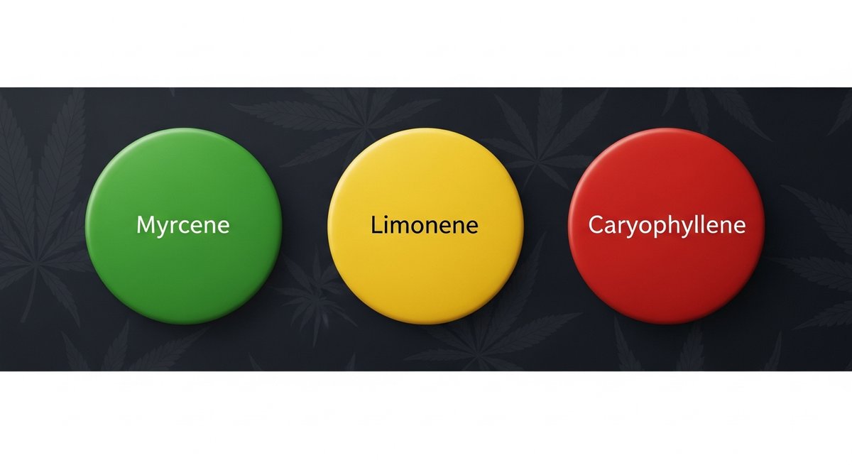 California Orange Strain 2 Terpene profile graphic for California Orange showing Myrcene green, Limonene yellow, and Caryophyllene red colour swatches