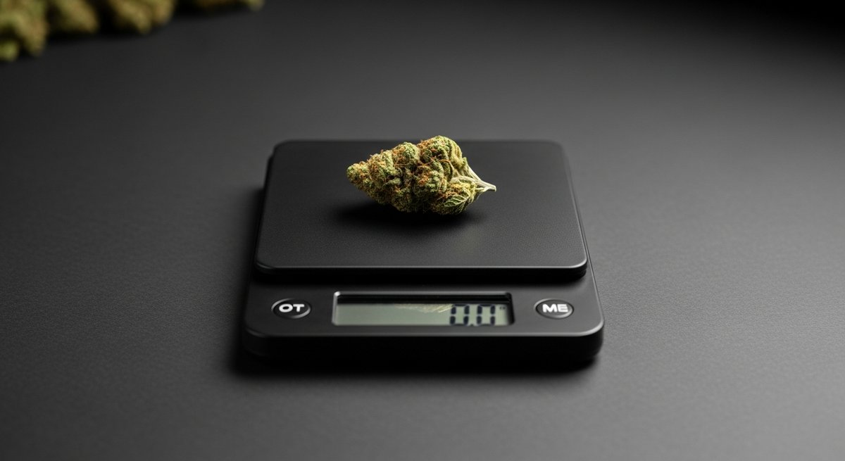 Animal Cookies strain vs Girl Scout Cookies strain — Which Is Right for You? 6 Small cannabis bud on a precision scale suggesting careful low-dose measurement strategy