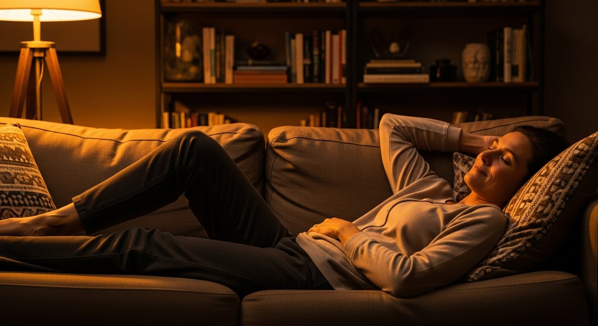 Platinum OG strain vs OG Kush strain — Which Is Right for You? 6 Adult person deeply relaxed on a sofa in warm amber lighting, eyes closed, illustrating heavy body relaxation effects