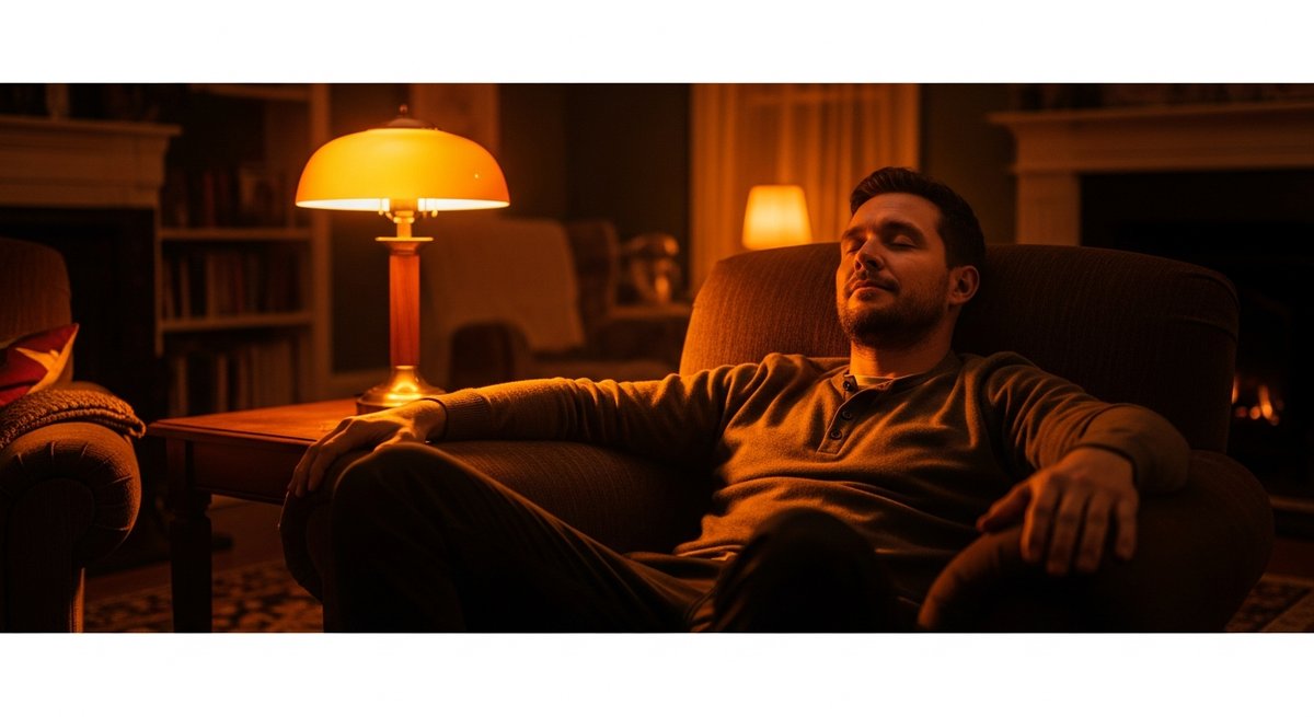 King Louis XIII strain vs OG Kush strain — Which Is Right for You? 5 Relaxed adult man sinking into an armchair in warm lamplight, eyes half-closed, conveying deep physical sedation